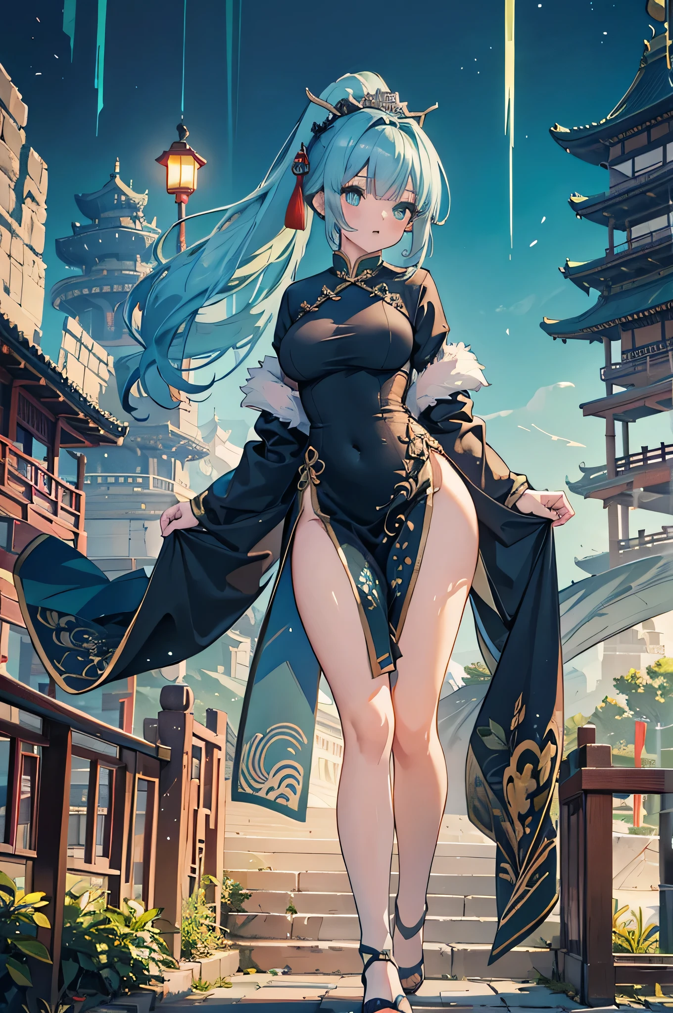 4k,High resolution,One Woman,Blue Hair,Long Ponytail,Green Eyes,Big Breasts,Ancient Chinese Princess,Long Chinese Dress,Black Stockings,Princess Tiara,Ancient Chinese castles