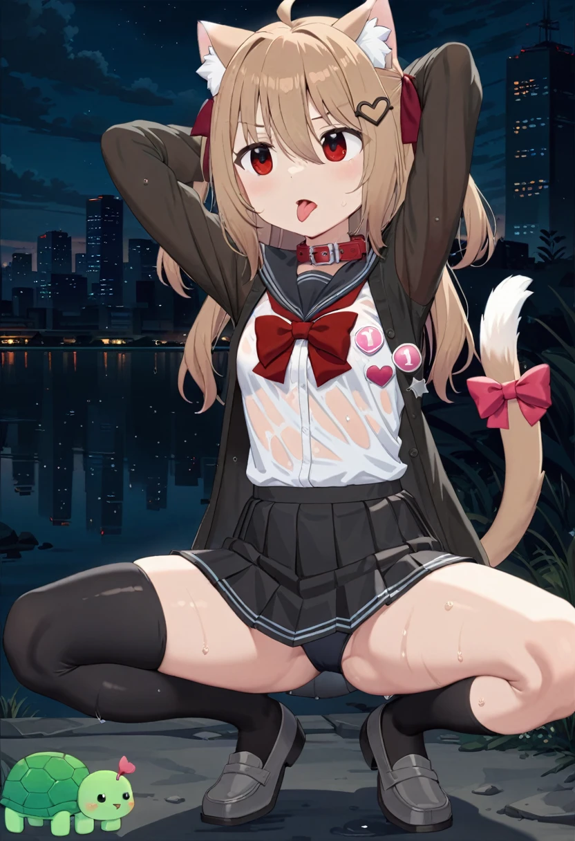 1girl, evil neuro-sama, (yuzu modoki), black skirt, pleated skirt, red eyes, black sailor collar, black cardigan, open cardigan, dark red ribbon, hair ribbon, two side up, ahoge, heart hair ornament, long sleeves, eart, button badge, star \(symbol\), drone, the number "1" on a badge, turtle, light brown hair, asymmetrical legwear, black thighhighs, black kneehighs, grey footwear, loafers, natural lighting, (masterpiece, best quality), night, skyline, detailed scenery, highly detailed, finely detailed, animal collar, cat ears, cat tail, tail bow, squatting, spread legs, arms behind head, wet, steam, see-through, tongue out, open mouth, wet shirt, wet clothes, see-through sleeves, see-through legwear, see-through skirt, wet, see-through clothes, swimsuit, swimsuit under clothes,