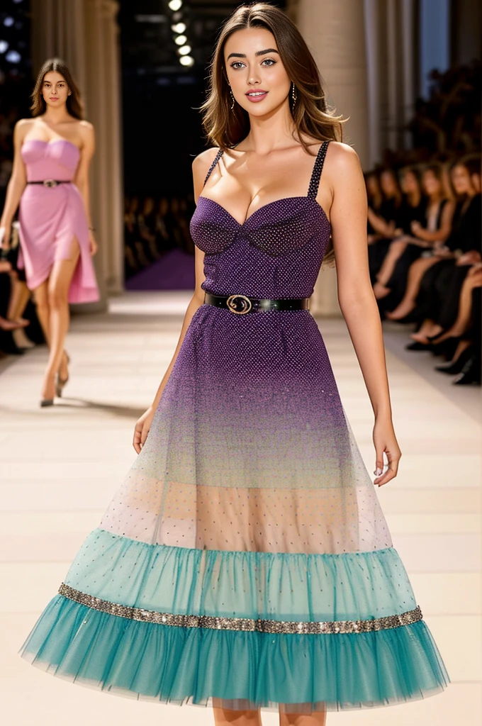 professional photo of 1 Girl , realistic photo, masterpiece, woman in a beautiful dress, a orange polka dot dress , off shoulders dress, chanel designer dress, vivid color, a striking 20-year-old American model with light brown hair , wavy hair, 170 height, full body photo, mix of taylor hill face, amber heard face, irina shayk face and yael shelbia face, beautiful face, very sweet girl, dimple, small nose, seductive smile,white skin, radiant skin, sexy attire, jaw dropping beauty, green-blue eyes, beautiful eyes, sensual full lips, lips plump, very white teeth, medium to large breasts, sexy cleavage, sexy hips, curvy girl, good body proportions, perfect hands, perfect legs,,she is a supermodel, walks on the runway during the Dior Fashion Show during Paris Fashion Week Spring Summer 2018 held in Paris, France on September 26, 2017, Photo by Jonas Gustavsson Sipa , vogue style, stylish clothes, she wears fashionable clothes,chanel Multicolored polka dot dress, Fitted one shoulder cocktail dress with tiny slit at hem. chanel cocktail dress, detailed dress, with belt-type accessory, Multicolored polka dot dress, purple, pink and black colors, The sleeves are short. The neckline is V-shaped. sexy cleavage, chanel outfit, expensive outfit, contrast colors to enhance the beauty of the photo, amazing clothes contrast, vivid colors, looking at the viewer, pastel colors, background details, depth of field, various poses,masterpiece, image clarity, distant view, wide angle,smiling, flirting with the camera, best quality highest quality, amazing details,she is a supermodel, Very detailed, cannon camera, fujifilm, realistic, uhd, depth of field,,16k wallpaper, camera model ULTIMATE Sony a7III, fujifilm, lens flare, accurate, masterpice, anatomically correct, highres, full body photo, vivid color, realistic, happy smile, real life enhancer, backlight,she is a Victoria's Secret model, runway fashion show, indoor, naughty smile, flirting