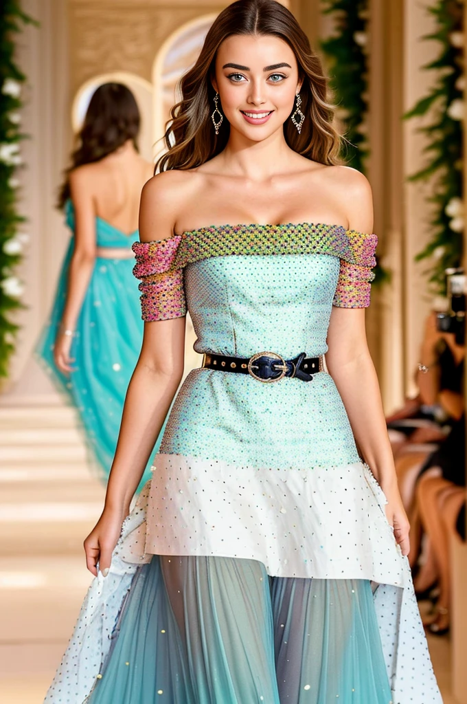professional photo of 1 Girl , realistic photo, masterpiece, woman in a beautiful dress, a orange polka dot dress , off shoulders dress, chanel designer dress, vivid color, a striking 20-year-old American model with light brown hair , wavy hair, 170 height, full body photo, mix of taylor hill face, amber heard face, irina shayk face and yael shelbia face, beautiful face, very sweet girl, dimple, small nose, seductive smile,white skin, radiant skin, sexy attire, jaw dropping beauty, green-blue eyes, beautiful eyes, sensual full lips, lips plump, very white teeth, medium to large breasts, sexy cleavage, sexy hips, curvy girl, good body proportions, perfect hands, perfect legs,,she is a supermodel, walks on the runway during the Dior Fashion Show during Paris Fashion Week Spring Summer 2018 held in Paris, France on September 26, 2017, Photo by Jonas Gustavsson Sipa , vogue style, stylish clothes, she wears fashionable clothes,chanel Multicolored polka dot dress, Fitted one shoulder cocktail dress with tiny slit at hem. chanel cocktail dress, detailed dress, with belt-type accessory, Multicolored polka dot dress, purple, pink and black colors, The sleeves are short. The neckline is V-shaped. sexy cleavage, chanel outfit, expensive outfit, contrast colors to enhance the beauty of the photo, amazing clothes contrast, vivid colors, looking at the viewer, pastel colors, background details, depth of field, various poses,masterpiece, image clarity, distant view, wide angle,smiling, flirting with the camera, best quality highest quality, amazing details,she is a supermodel, Very detailed, cannon camera, fujifilm, realistic, uhd, depth of field,,16k wallpaper, camera model ULTIMATE Sony a7III, fujifilm, lens flare, accurate, masterpice, anatomically correct, highres, full body photo, vivid color, realistic, happy smile, real life enhancer, backlight,she is a Victoria's Secret model, runway fashion show, indoor, naughty smile, flirting