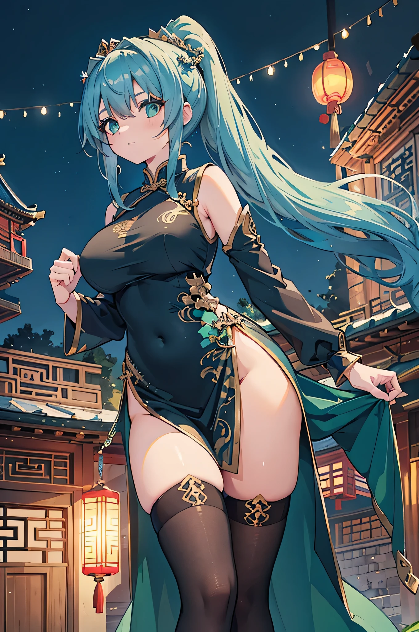 4k,High resolution,One Woman,Blue Hair,Long Ponytail,Green Eyes,Big Breasts,Ancient Chinese Princess,China dress,Black Stockings,Princess Tiara,Ancient Chinese castles