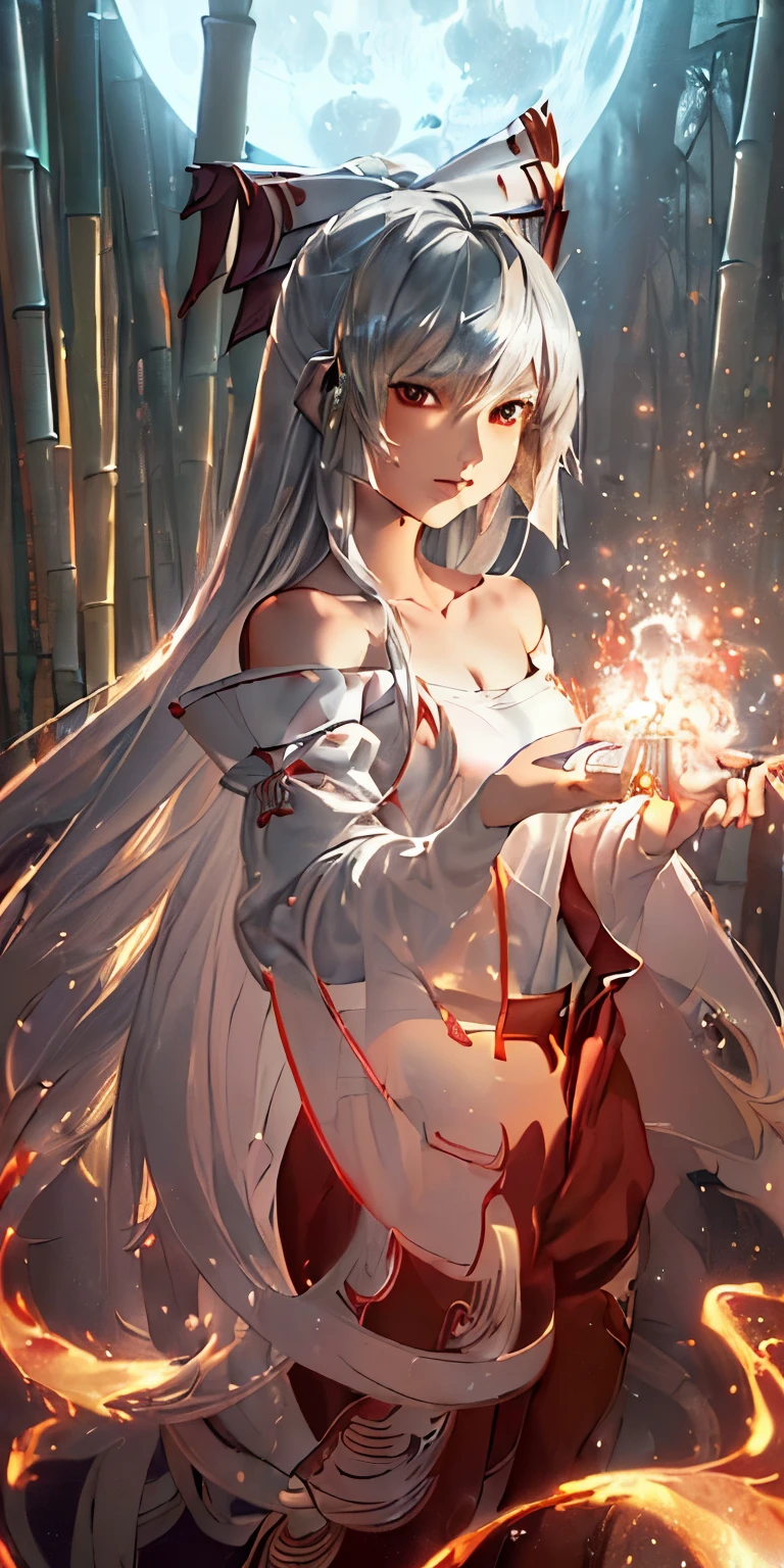 (masterpiece, best quality:1.3), (ultra detailed:1.3), (final fantasy artwork concept:1.5), (manga eyes + hair + clothes + body + face + colors + shoulders + eyes:1.3), (full body:1.3), Fujiwara no Mokou, Touhou Series, (anime, illustration:1.3), perfect face, expressive eyes, 1 girl, looking at viewer, ************, beautiful, anime, lora, (silver hair, long hair, white shirt, red pants:1.3), (look evil:1.5), (fight stance:1.5), (cinematic lighting, realistic, dream-like, enchanting atmosphere:1.5), (an old japanese mansion with moonlight leaking, in bamboo forest, midnight, big full moon:1.3), (Mokou casting a spell, with hands glowing and ais-particlez emanating in a dazzling array of colors, enveloping the entire scene:1.5),