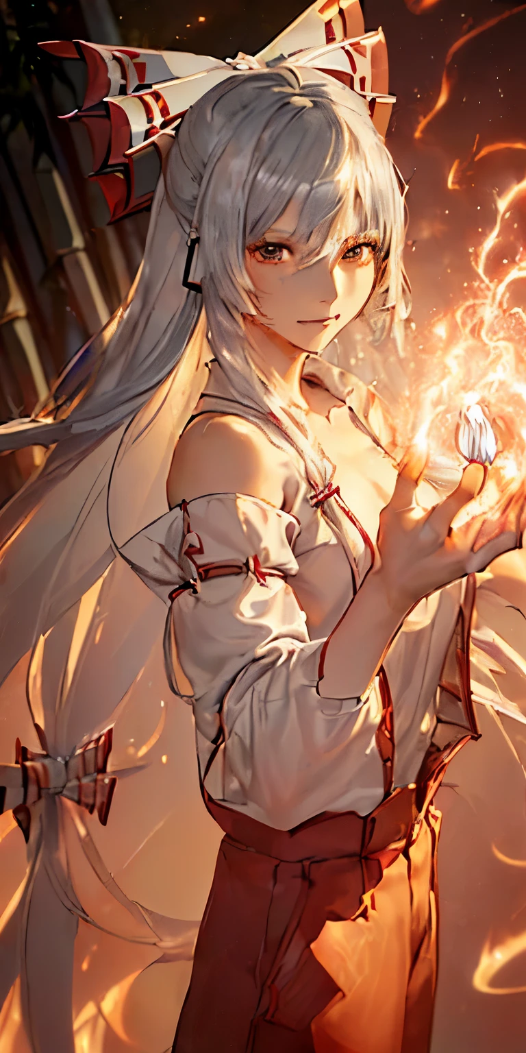 (masterpiece, best quality:1.3), (ultra detailed:1.3), (final fantasy artwork concept:1.5), (manga eyes + hair + clothes + body + face + colors + shoulders + eyes:1.3), (full body:1.3), Fujiwara no Mokou, Touhou Series, (anime, illustration:1.3), perfect face, expressive eyes, 1 girl, looking at viewer, 16 years old, beautiful, anime, lora, (silver hair, long hair, white shirt, red pants:1.3), (look evil:1.5), (fight stance:1.5), (cinematic lighting, realistic, dream-like, enchanting atmosphere:1.5), (an old japanese mansion with moonlight leaking, in bamboo forest, midnight, big full moon:1.3), (Mokou casting a spell, with hands glowing and ais-particlez emanating in a dazzling array of colors, enveloping the entire scene:1.5),