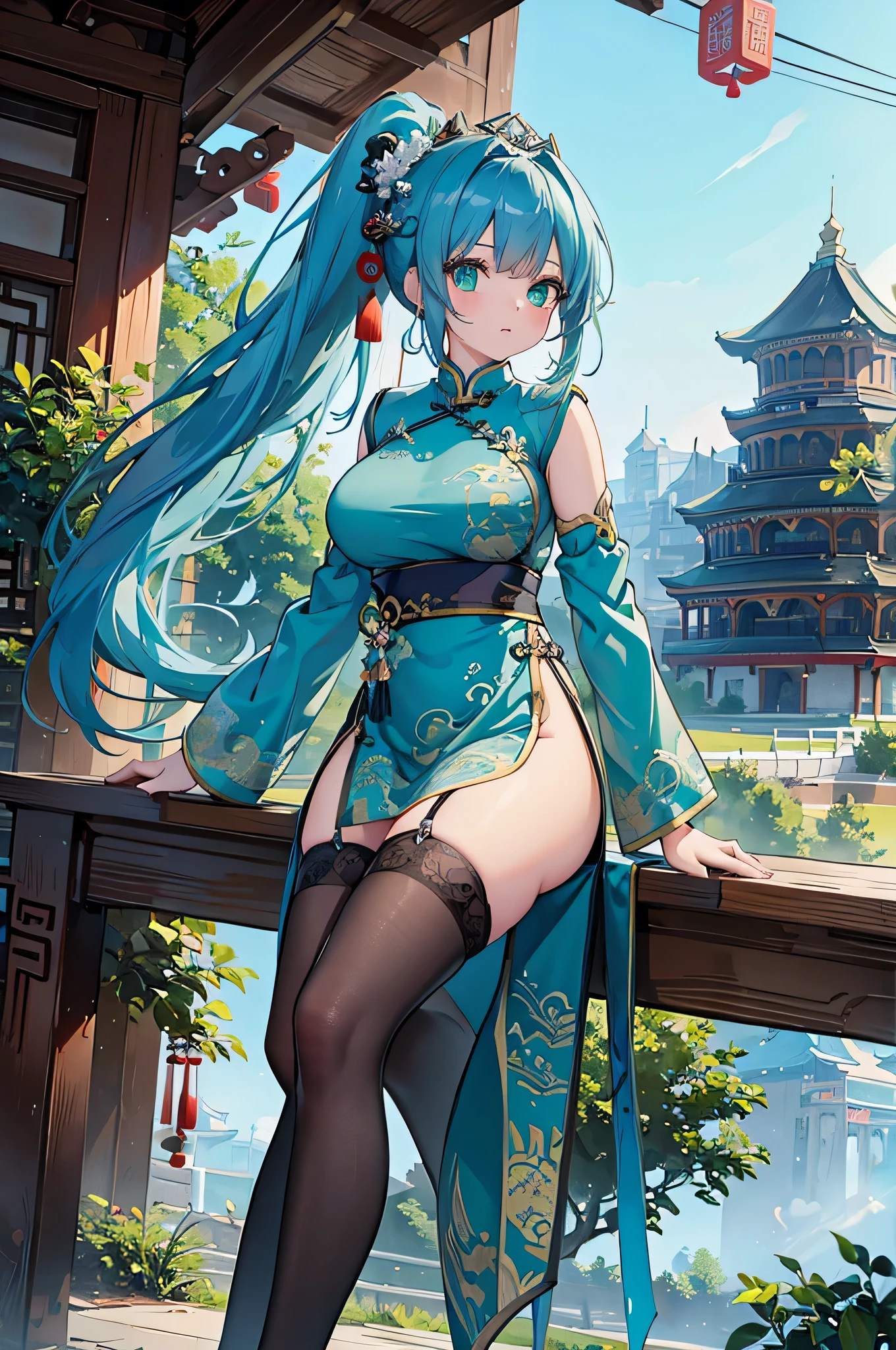 4k,High resolution,One Woman,Blue Hair,Long Ponytail,Green Eyes,Big Breasts,Ancient Chinese Princess,China dress,Black Stockings,Princess Tiara,Long sword,Ancient Chinese castles