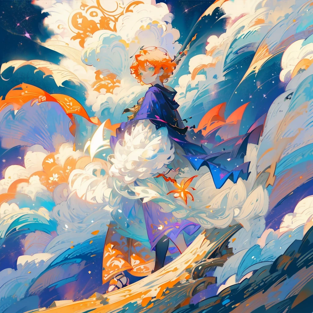 Magician, boy, orange hair, short hair, big green eyes, glitter in the eyes, pale, flying in the sky on a magic broom, magic, cloud, wind, flower, flowery mountain.