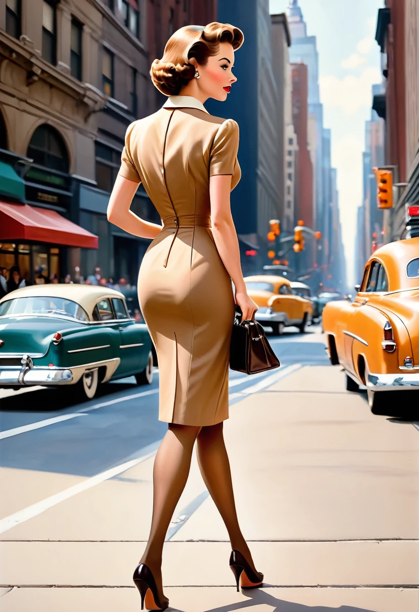 A woman walks down New York's 5th Avenue in the 1950s. (((She is wearing a tight calf-length sheath dress))), typical of the time, ((long tan nylon stockings with seams:1.4)), handbag. Camera perspective from behind, Ballantyne, (close up legs:1.5), (((350mm,))), Retro Fashion style, vintage_p_style,Tan
