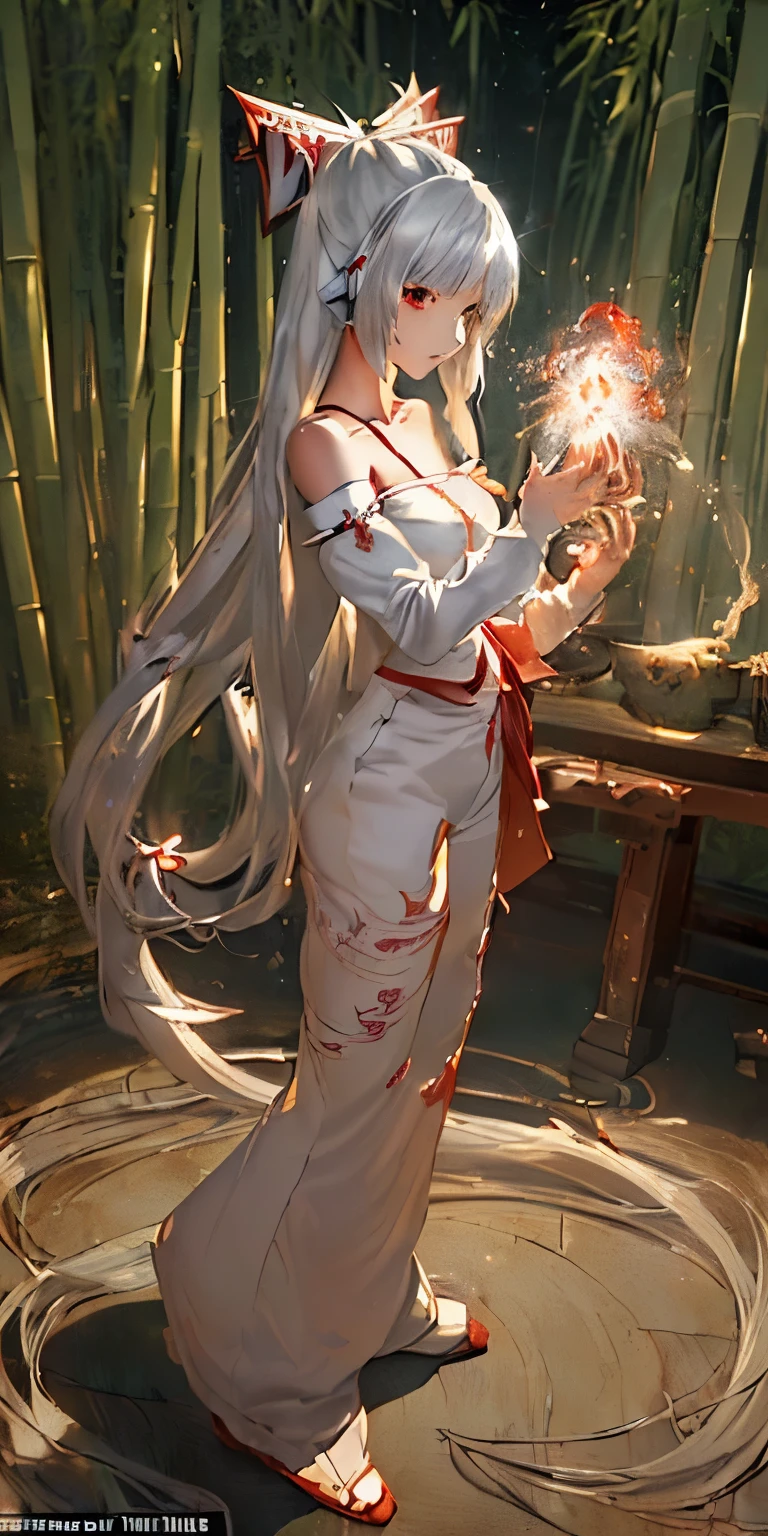 (masterpiece, best quality:1.3), (ultra detailed:1.3), (final fantasy artwork concept:1.5), (manga eyes + hair + clothes + body + face + colors + shoulders + eyes:1.3), (full body:1.3), Fujiwara no Mokou, Touhou Series, (anime, illustration:1.3), perfect face, expressive eyes, 1 girl, looking at viewer, , beautiful, anime, lora, (silver hair, long hair, white shirt, red pants:1.3), (look evil:1.5), (fight stance:1.5), (cinematic lighting, realistic, dream-like, enchanting atmosphere:1.5), (an old japanese mansion with moonlight leaking, in bamboo forest, midnight, big full moon:1.3), (Mokou casting a spell, with hands glowing and ais-particlez emanating in a dazzling array of colors, enveloping the entire scene:1.5),