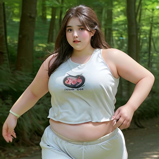 1 girl, Slightly obese body, Big Size, Round face, Double chin, Overweight, Shoulder-length fluffy hair , belly button,Clothing is jersey、 Full body photography , Beauty、Outdoor、sports、running、Run