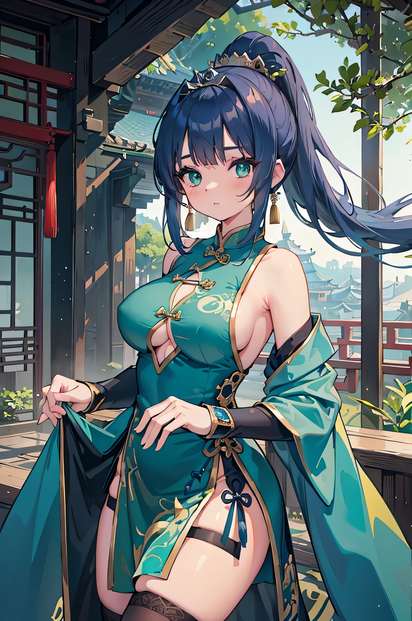 4k,High resolution,One Woman,Blue Hair,Long Ponytail,Green Eyes,Big Breasts,Ancient Chinese Princess,China dress,Sideboob,Black Stockings,Princess Tiara,Long sword,Ancient Chinese castles