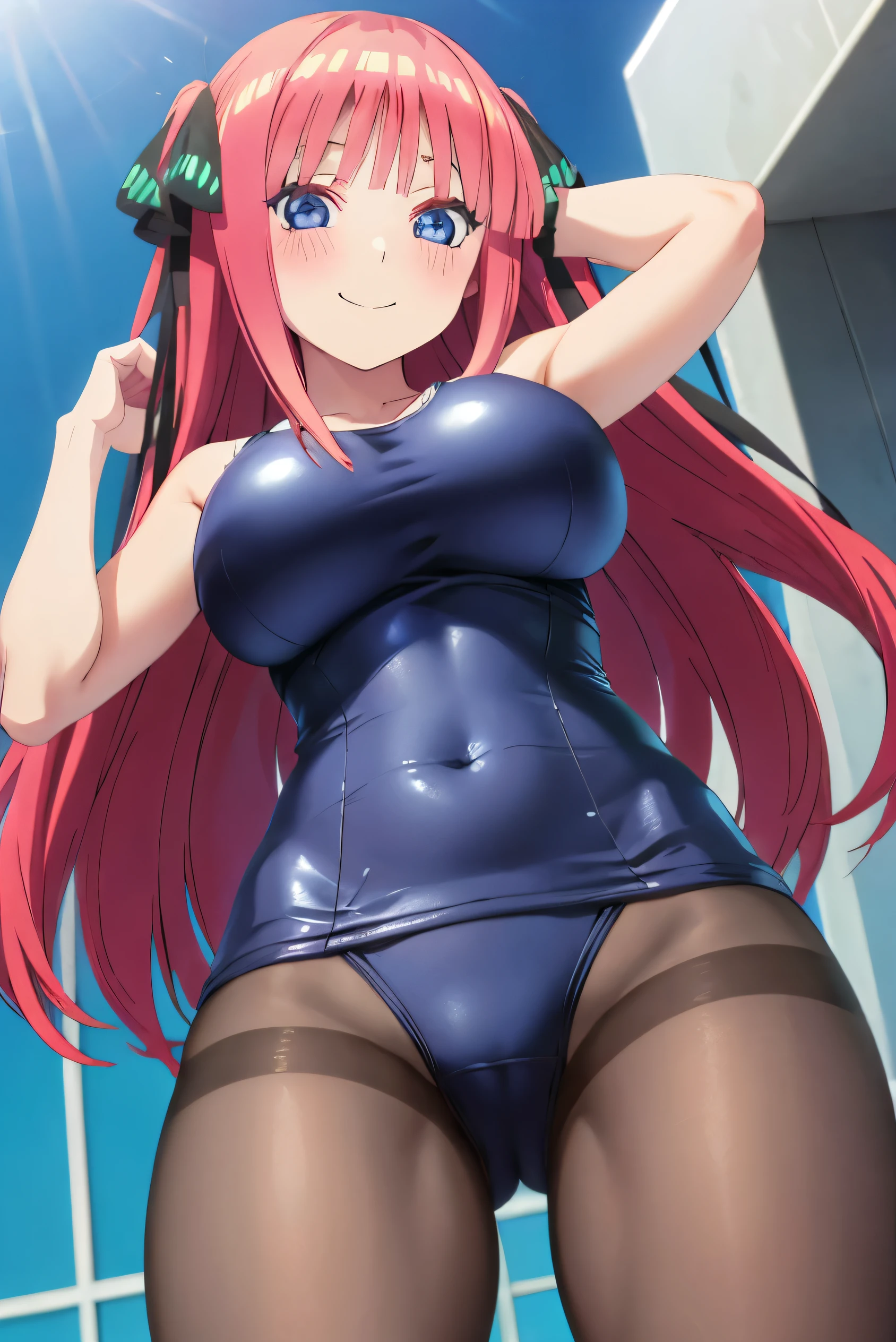 best quality, ultra-detailed masterpiece, anime art style, cute character, nino nakano, large breasts, blush, smile, one-piece swimsuit, pantyhose,
