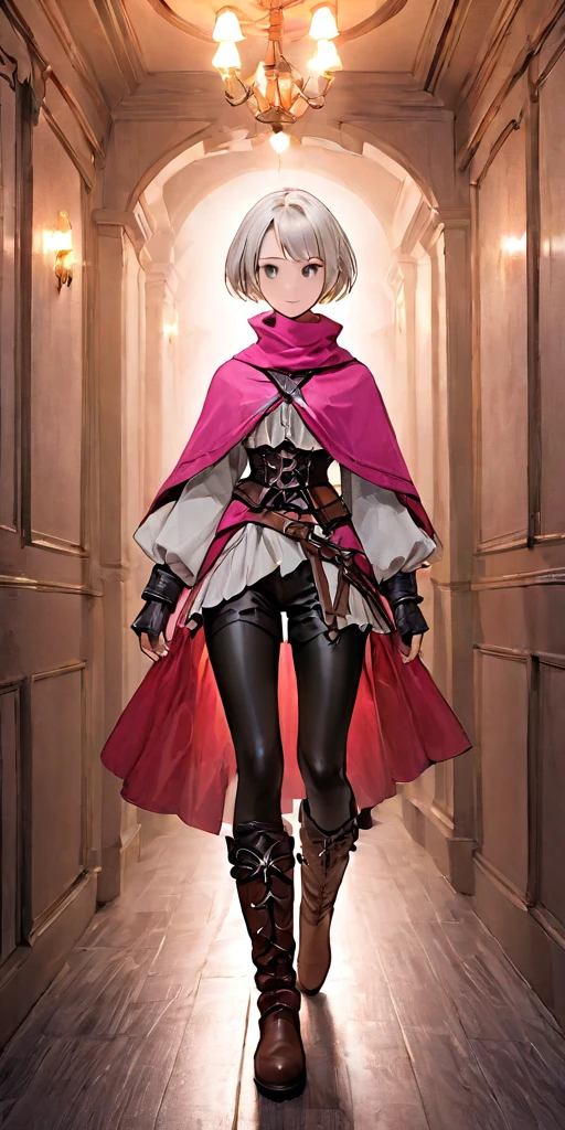 female adventurer white silver short bob hair cut, full body, game art style, (masterpiece), colorful clothing, scarves, leather belts, half skirt over pants and boots, flowing blouse and leather corset, best quality, highres, 4k, 8k, Detailed Illustration, intricate detail, cinematic lighting, amazing quality, 1girl, fit female, amazing shading, soft lighting, facing camera, perfect eyes, love hotel background, pink bedroom