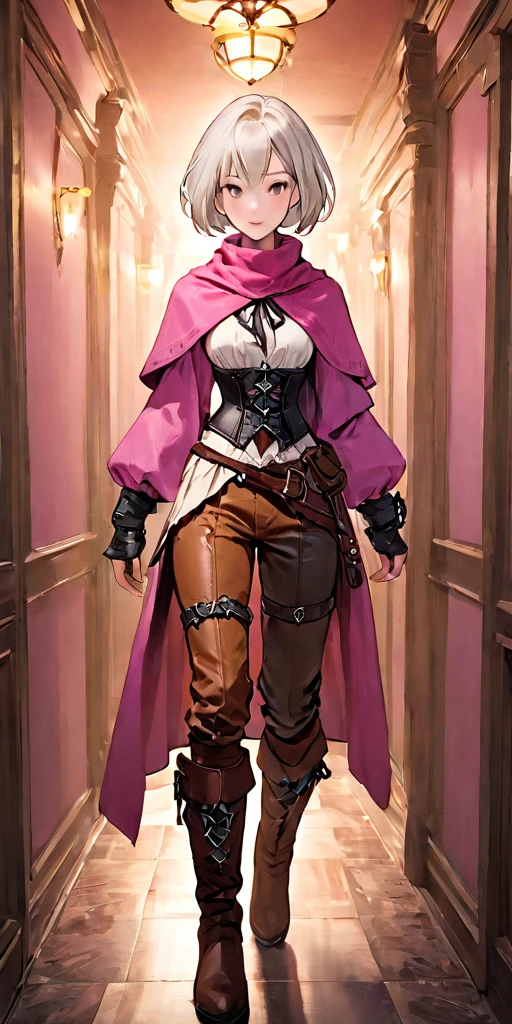 female adventurer white silver short bob hair cut, full body, game art style, (masterpiece), colorful clothing, scarves, leather belts, half skirt over pants and boots, flowing blouse and leather corset, best quality, highres, 4k, 8k, Detailed Illustration, intricate detail, cinematic lighting, amazing quality, 1girl, fit female, amazing shading, soft lighting, facing camera, perfect eyes, love hotel background, pink bedroom