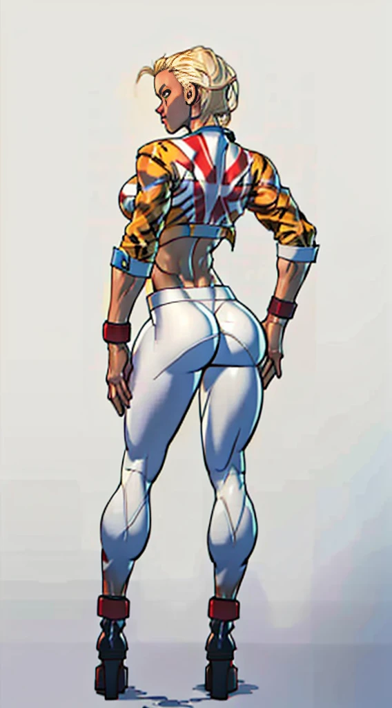 Drawing of cammy_white, cammy sf6,1girl, solo, bang, scar on cheek, blonde hair, blue eyes, short hair, (((Plain background:1.2))) (masterpiece, high quality:1.1) 1girl solo full body squatting looking to the viewer, view from below, hairstyle short bob hair cut with a braid, extra long hair, white silver hair, red eyes, HANDS ON HIPS (yellow tiger bikini print long sleeves and long stockings) (dark elf dark skin) (incredibly beautiful full body photo, standing, (((bright eyes))), good anatomy, perfect hand muscular legs))), thin waist, muscular abdomen, wearing black high heel shoes, (((with her back to me showing her big shapely ass to me)))