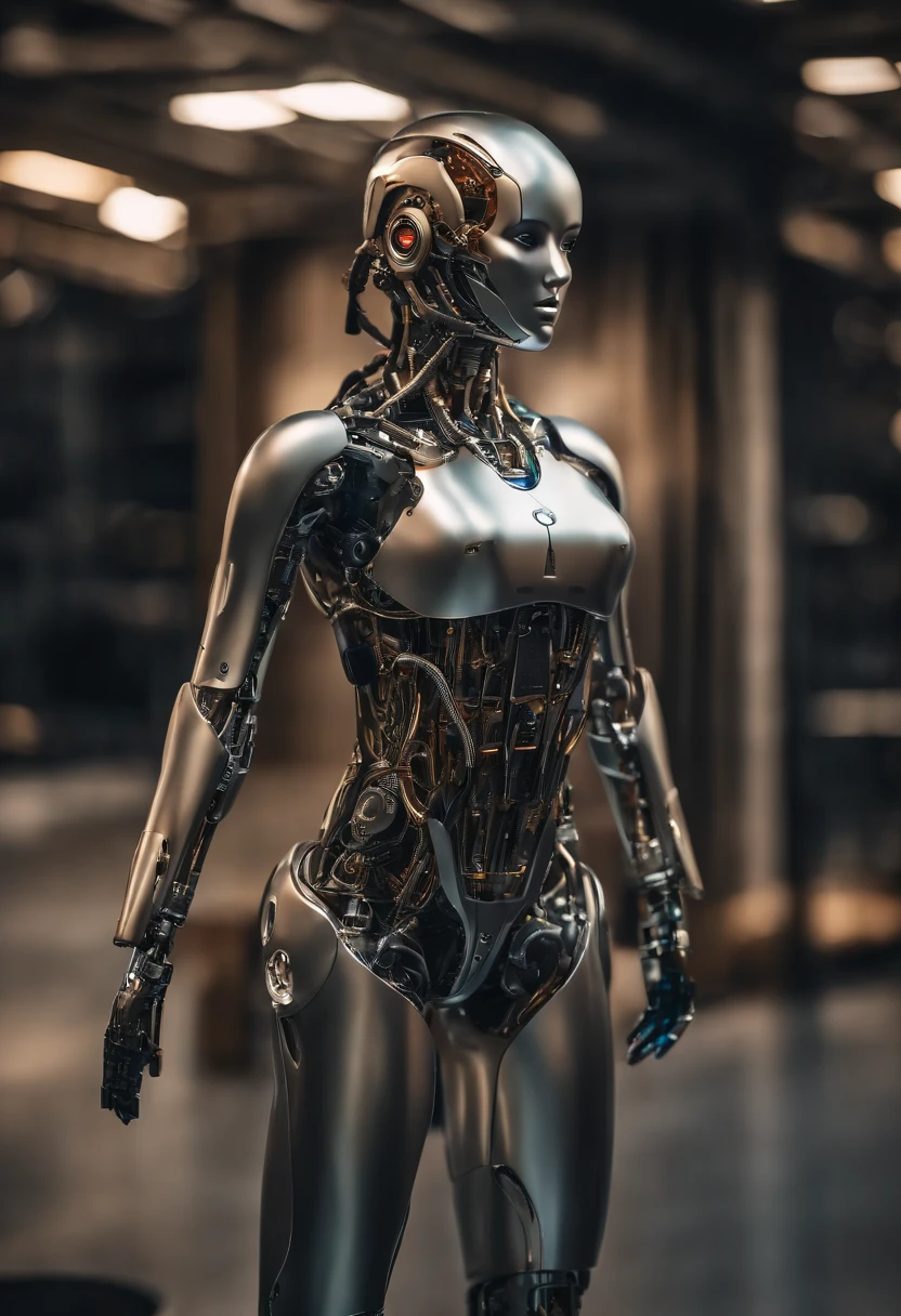 Top quality 8K ultra high definition work, masterpiece: 1.3, sharp focus: 1.2. One robot, the face is a human woman. The fuselage of the machine, countless cables, the oxygen inhalation mask, the glowing right eye, the metal tube, the spine, the heart. (natural colors, photos, 8K)、(((((sexy thighs))))) 、(((((whole body)))))