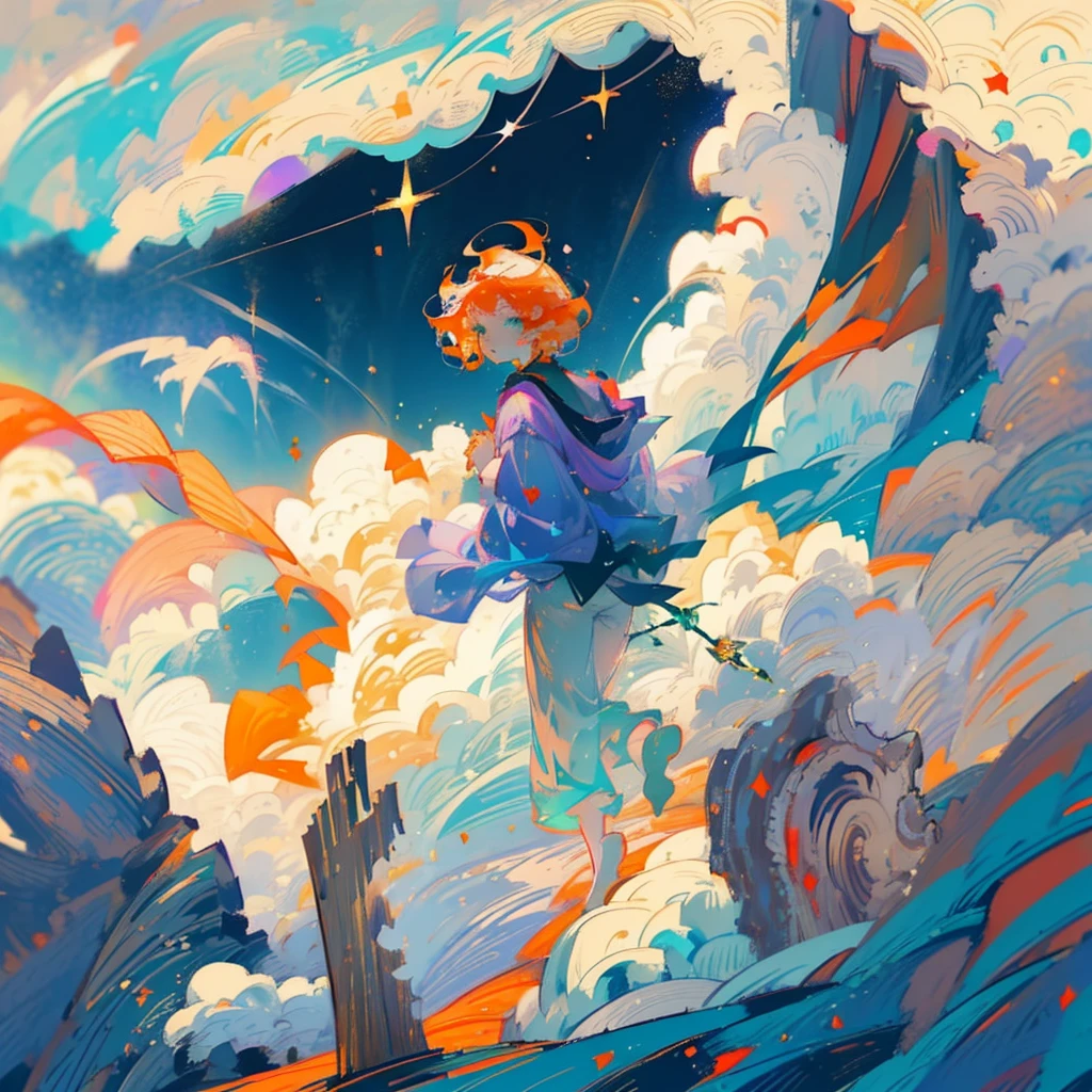 Magician, boy, orange hair, short hair, big green eyes, glitter in the eyes, pale, flying in the sky on a magic broom, magic, cloud, wind, flower, flowery mountain, pants, castle, close-up face.