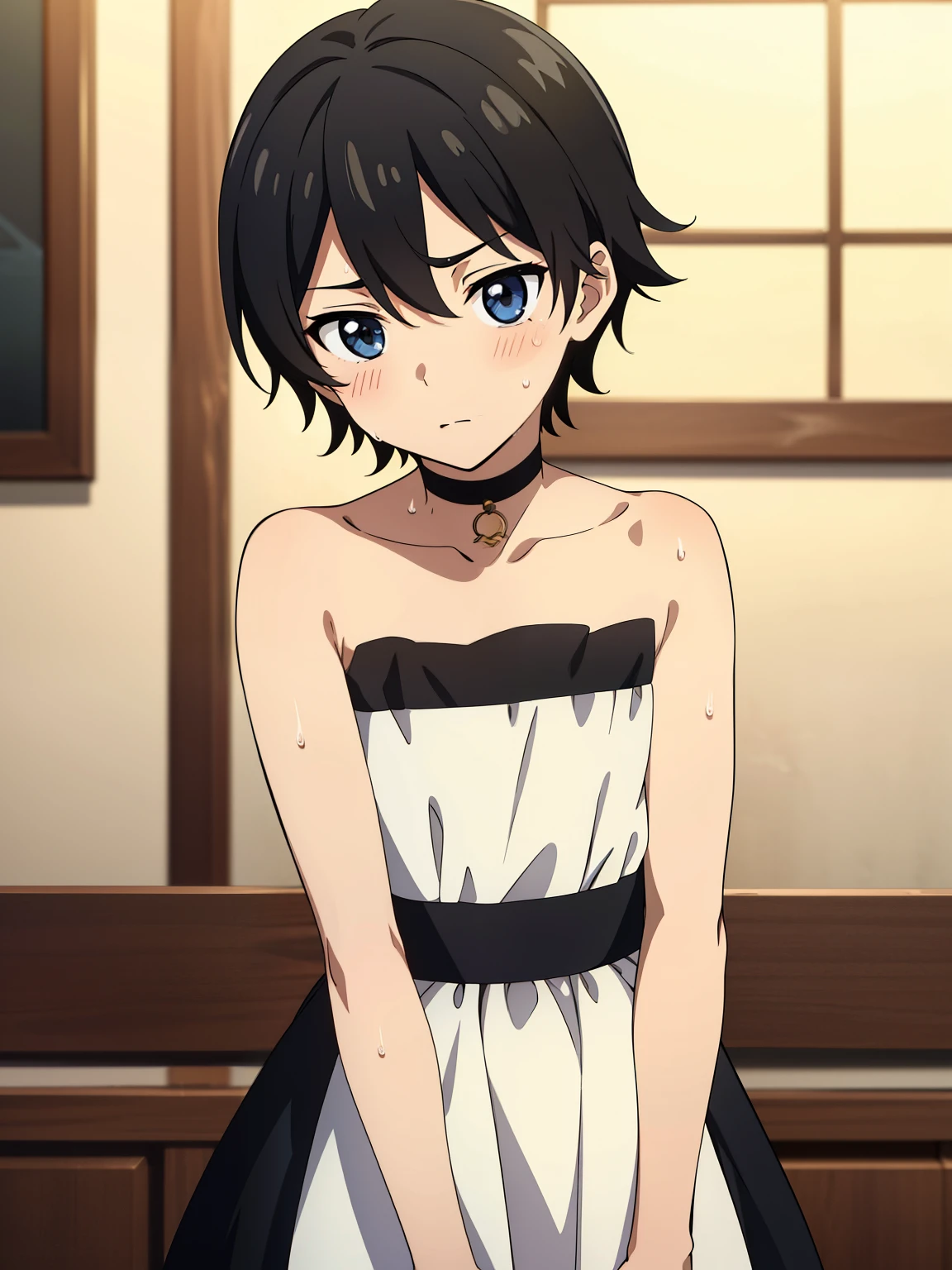 Highres, Masterpiece, Best quality at best,Best Quality,hight quality, hight detailed, 1boy, Boy,black hair color, Side bangs, Shota, Sweat, Strapless dress, Choker, Collarbone, Half body image, Depth of field, Anime Screencap Style, thin line, Seen from the front, Little sweat, Cute boy, (very small and short stature), (very young boy), 12-year-old boys, Blurry and simple beckground