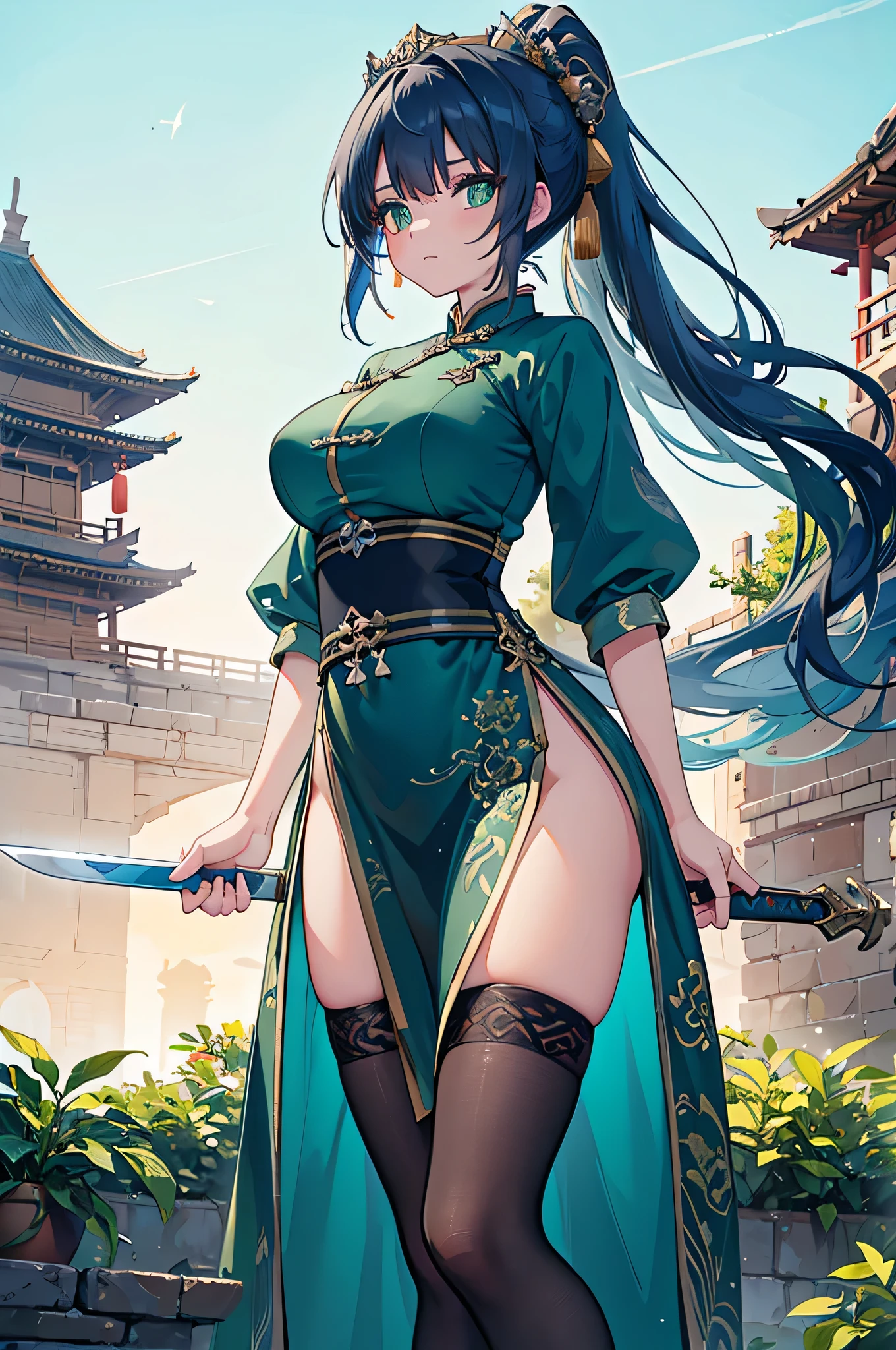 4k,High resolution,One Woman,Blue Hair,Long Ponytail,Green Eyes,Big Breasts,Ancient Chinese Princess,Long Chinese Dress,Black Stockings,Princess Tiara,Long sword,Ancient Chinese castles