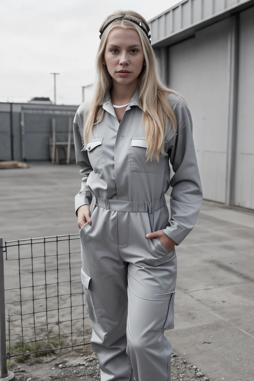 a black and white vinatge looking picture form the 1990s of a white woman with blonde hair and a bandana around her forehead and a gray work mechanic jumpsuit on with her hands in her pockets she is standing in front of a metal fence