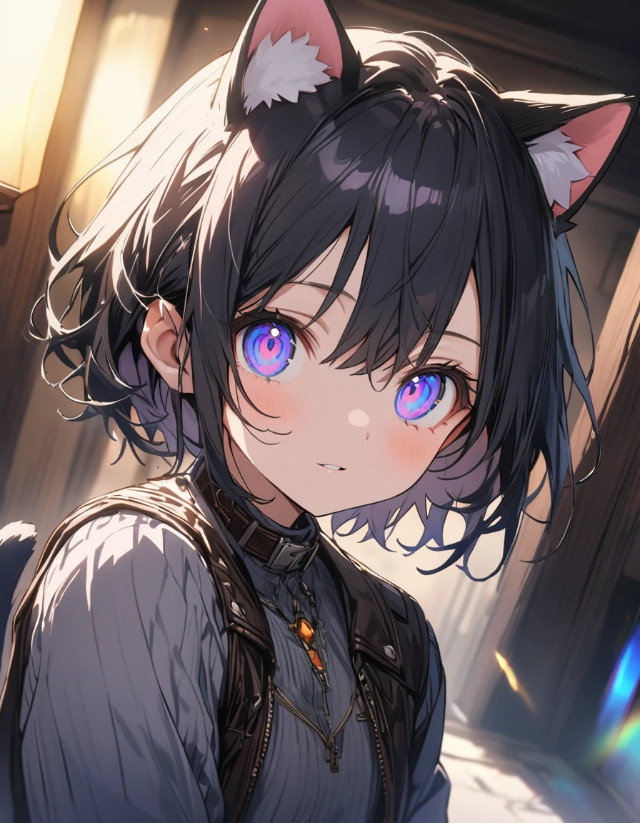 Cute boy with purple and blue hair, Striped Hair, Short Hairstyles, Wearing goggles and a leather jacket, Colorful Tattoos, detailedなアクセサリー, ([Cat tail and ears]:1.3), (複雑なdetailed), High resolution, (複雑なdetailed, 超detailedな:1.2), Cinematic shots, Vignette, Centered、(highest quality、masterpiece、High resolution、detailed)、animeスタイル、Flat Style、(eyes shining iridescent colors illuminated light, Delicate and beautiful face, ),  BREAK,extremely detailed、High saturation,Dynamic Angle、anime、(The Shining), Best lighting, Best Shadow
