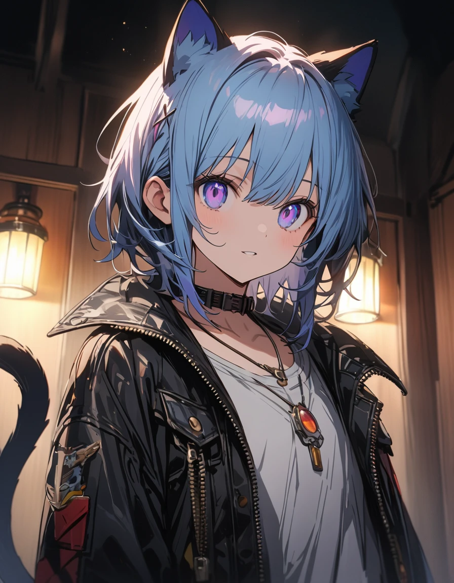 Cute boy with purple and blue hair, Striped Hair, Short Hairstyles, Wearing goggles and a leather jacket, Colorful Tattoos, detailedなアクセサリー, ([Cat tail and ears]:1.3), (複雑なdetailed), High resolution, (複雑なdetailed, 超detailedな:1.2), Cinematic shots, Vignette, Centered、(highest quality、masterpiece、High resolution、detailed)、animeスタイル、Flat Style、(eyes shining iridescent colors illuminated light, Delicate and beautiful face, ),  BREAK,extremely detailed、High saturation,Dynamic Angle、anime、(The Shining), Best lighting, Best Shadow