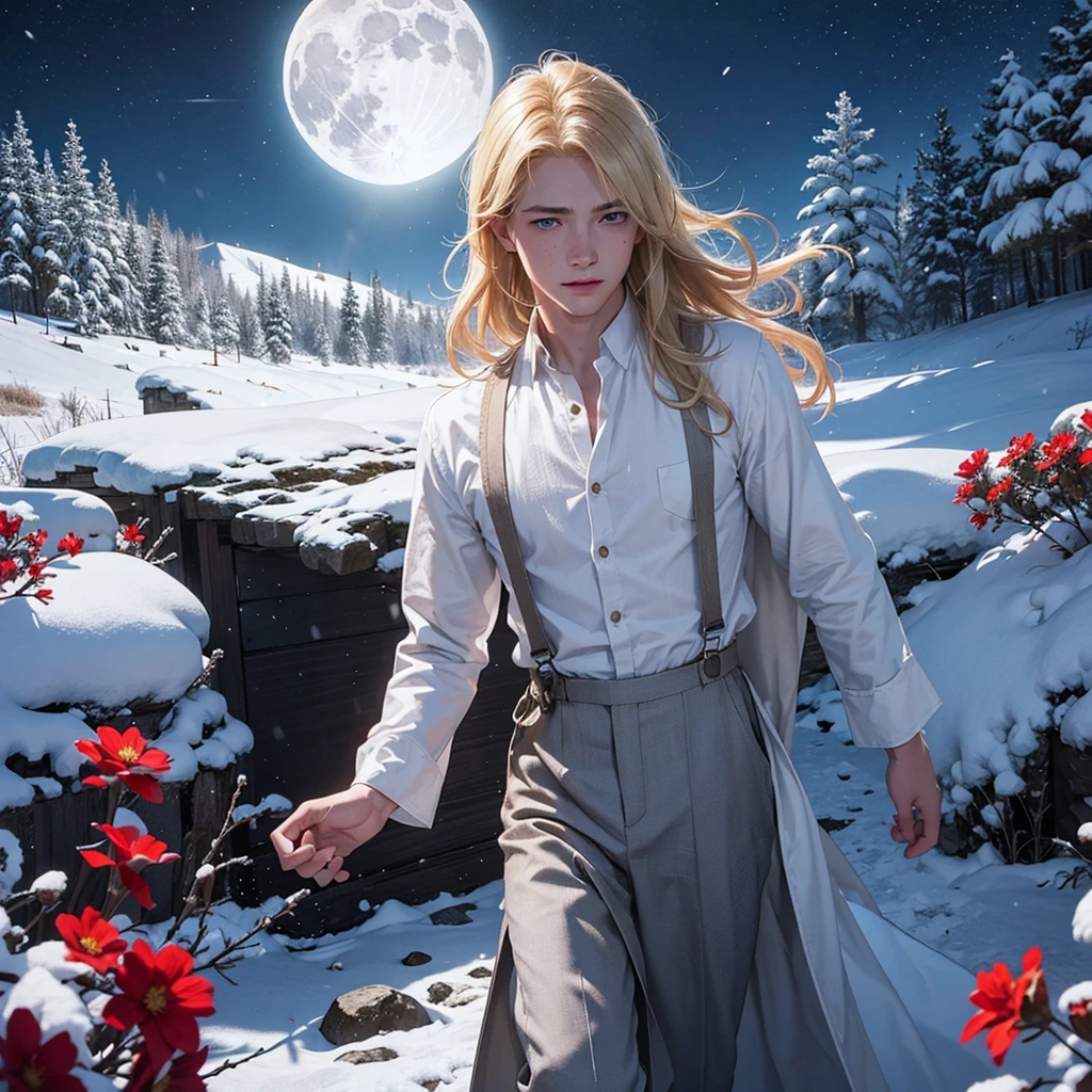 Young boy, light blond hair, freckles, bright blue eyes, walking barefoot in the snow, red flowers illuminated by the moonlight, medieval clothing, shirt, cloth pants, suspenders, dressed clothing, only one character in the image, night, snowflake, snowy plain, night, lighting effect, moon, sadness, nose and ear reddened by the cold, condensation, ultra-detailed face, detailed hair, detailed eyes, unreal engine, ultra-detailed shadow, realistic snow.