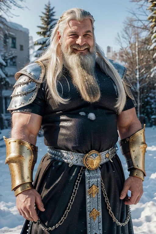 man of 50, broad chest, dressed in chain mail armor, broad, white beard, long white hair, massive arms with golden bands, a stone warhammer, a jovial smile, background: a winterlandscape with trees and snow