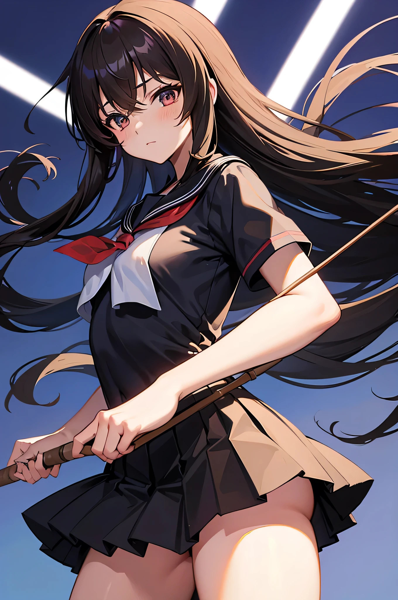 an anime character with long brown tresses and a short skirt in sailor open outfit, holding a bow and arrow, 1girl, solo, sexy short school uniform, sexy serafuku, long hair, black hair, cowboy skirt, looking at viewer, white background, simple background, black serafuku, pleated skirt, blush, low back angle, uncensored,50% nude