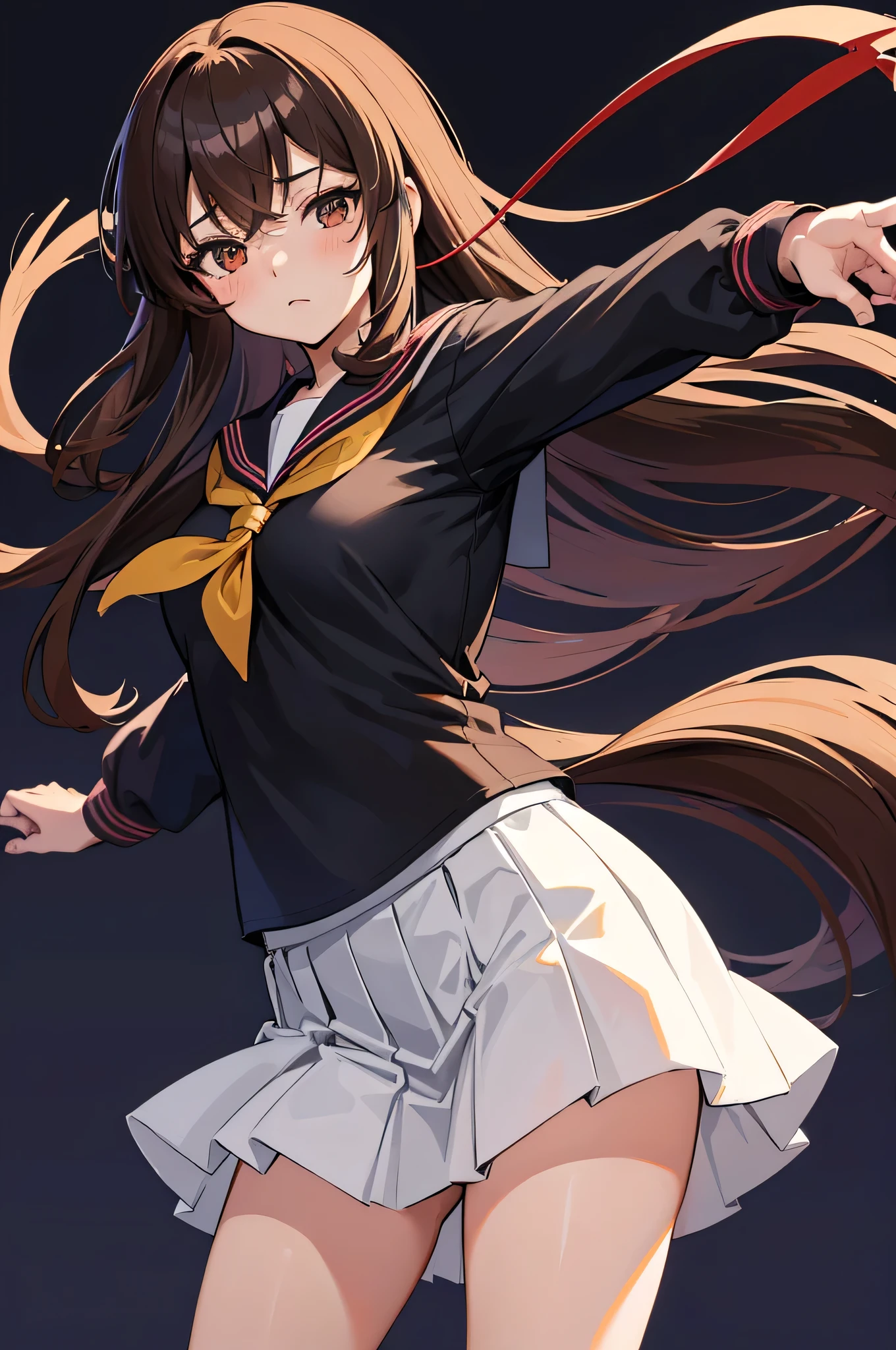 an anime character with long brown tresses and a short skirt in sailor open outfit, holding a bow and arrow, 1girl, solo, sexy short school uniform, sexy serafuku, long hair, black hair, cowboy skirt, looking at viewer, white background, simple background, black serafuku, pleated skirt, blush, low back angle