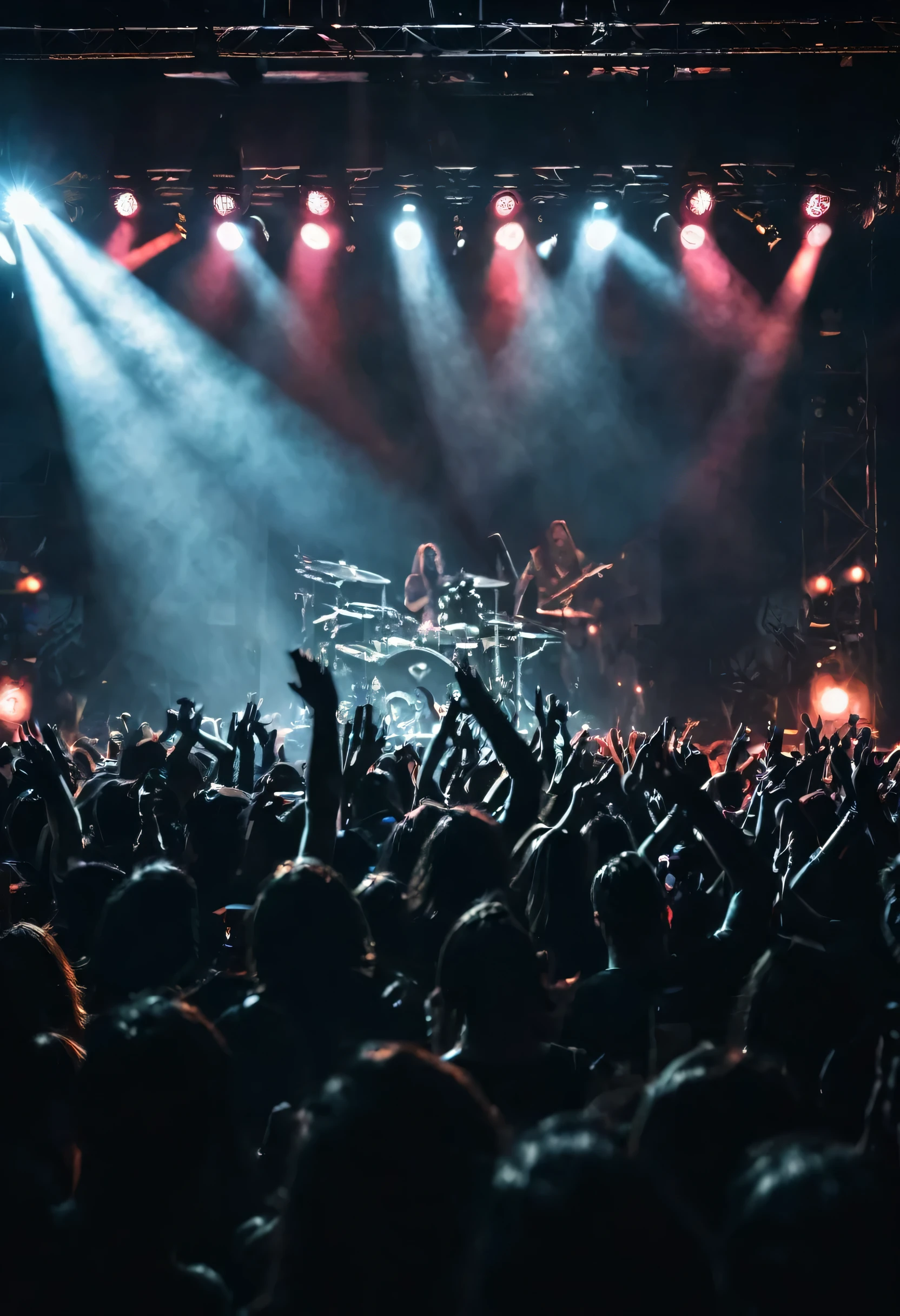 Rock concert. View from stage to fans in dark evil, holding lights in raised hands.