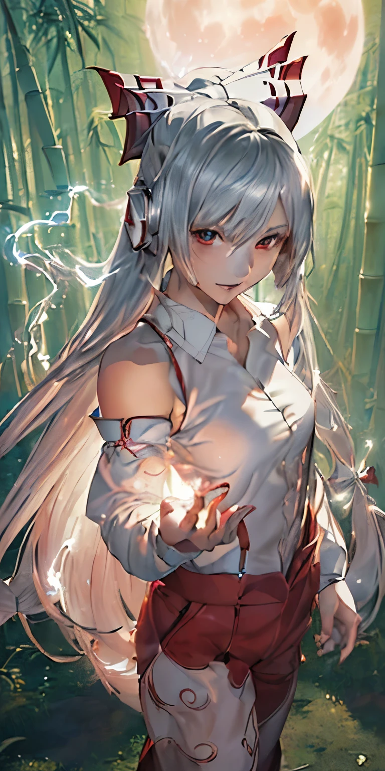 (masterpiece, best quality:1.3), (ultra detailed:1.3), (final fantasy artwork concept:1.5), (manga eyes + hair + clothes + body + face + colors + shoulders + eyes:1.3), (cinematic angle:1.3), Fujiwara no Mokou, Touhou Series, (anime, illustration:1.3), perfect face, expressive eyes, 1 girl, looking at viewer, ************, beautiful, anime, lora, (silver hair, long hair, white shirt, red pants:1.3), (look evil:1.5), (fight stance:1.5), (cinematic lighting, realistic, dream-like, enchanting atmosphere:1.5), (an old japanese mansion with moonlight leaking, in bamboo forest, midnight, big full moon:1.3), (Mokou casting a spell, with hands glowing and ais-particlez emanating in a dazzling array of colors, enveloping the entire scene:1.5),