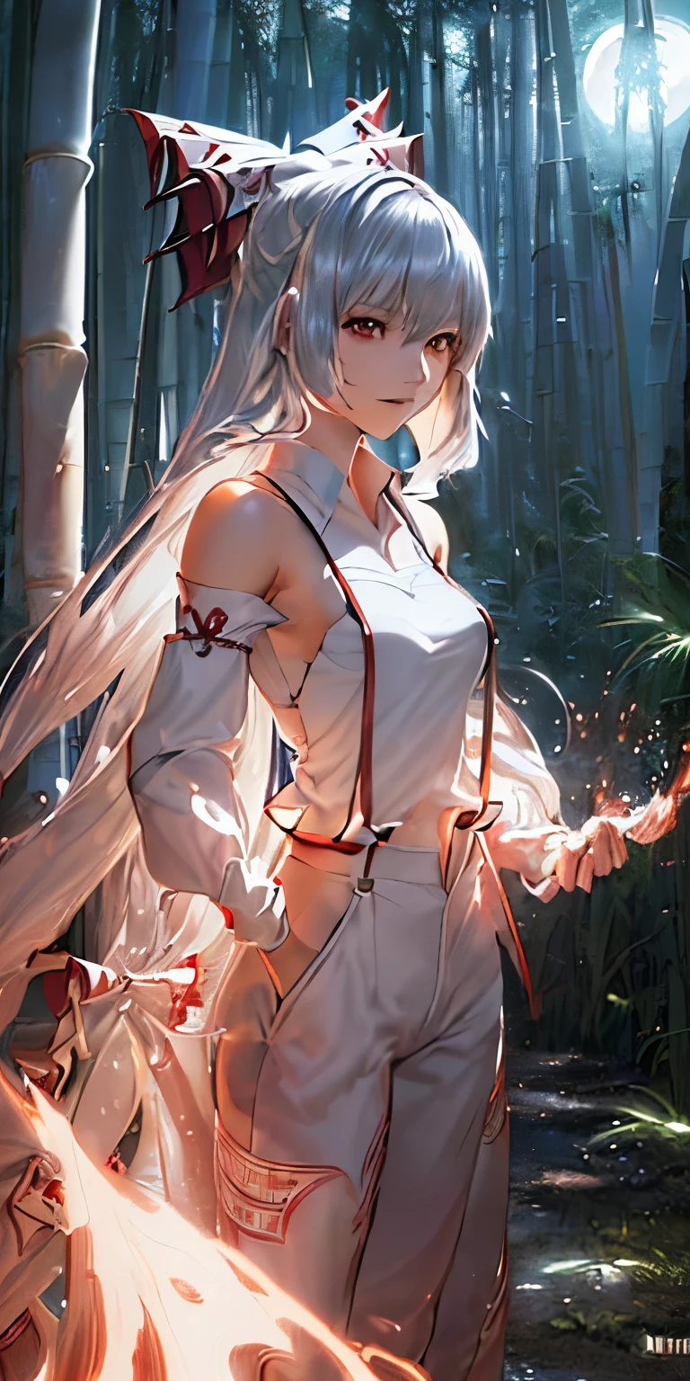 (masterpiece, best quality:1.3), (ultra detailed:1.3), (final fantasy artwork concept:1.5), (manga eyes + hair + clothes + body + face + colors + shoulders + eyes:1.3), (cinematic angle:1.3), Fujiwara no Mokou, Touhou Series, (anime, illustration:1.3), perfect face, expressive eyes, 1 girl, looking at viewer, , beautiful, anime, lora, (silver hair, long hair, white shirt, red pants:1.3), (look evil:1.5), (fight stance:1.5), (cinematic lighting, realistic, dream-like, enchanting atmosphere:1.5), (an old japanese mansion with moonlight leaking, in bamboo forest, midnight, big full moon:1.3), (Mokou casting a spell, with hands glowing and ais-particlez emanating in a dazzling array of colors, enveloping the entire scene:1.5),