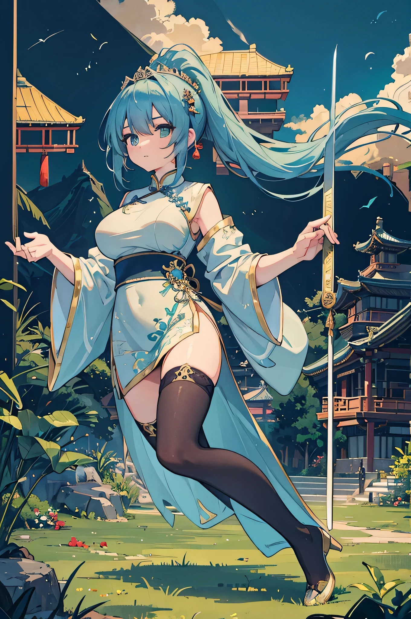 4k,High resolution,One Woman,Blue Hair,Long Ponytail,Green Eyes,Big Breasts,Ancient Chinese Princess,Long Chinese Dress,Black Stockings,Princess Tiara,Long sword,Ancient Chinese castles