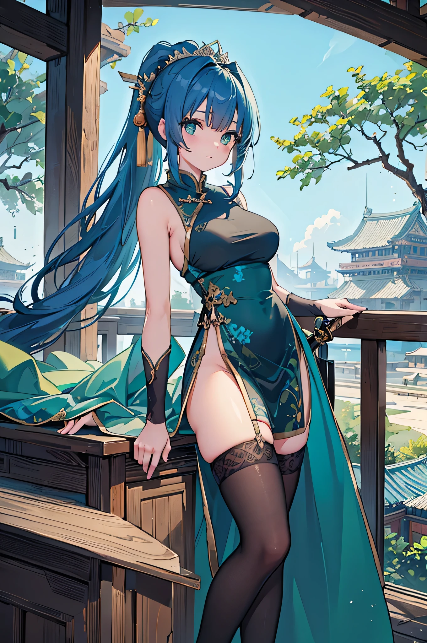 4k,High resolution,One Woman,Blue Hair,Long Ponytail,Green Eyes,Big Breasts,Ancient Chinese Princess,Long Chinese Dress,Black Stockings,Princess Tiara,Long sword,Ancient Chinese castles