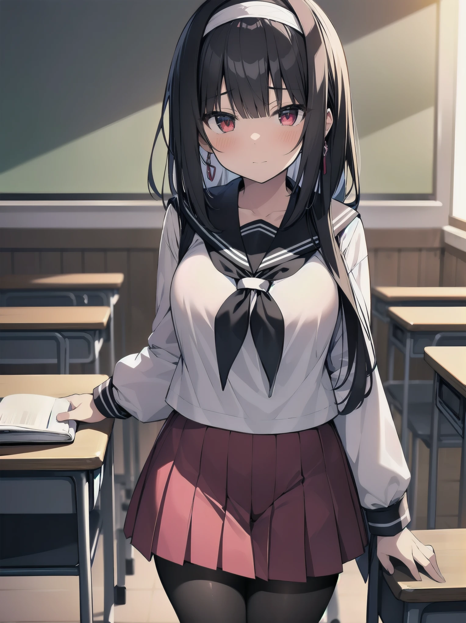 an anime girl standing in an empty room with a phone to her ear, 1girl, solo, , pantyhose, skirt, indoors, hairband, long hair, kasumigaoka utaha, looking at viewer, black hair, red eyes, breasts, blush, pleated skirt, black pantyhose, classroom, white hairband, long sleeves, bangs, neckerchief, closed mouth, desk, sailor collar, serafuku