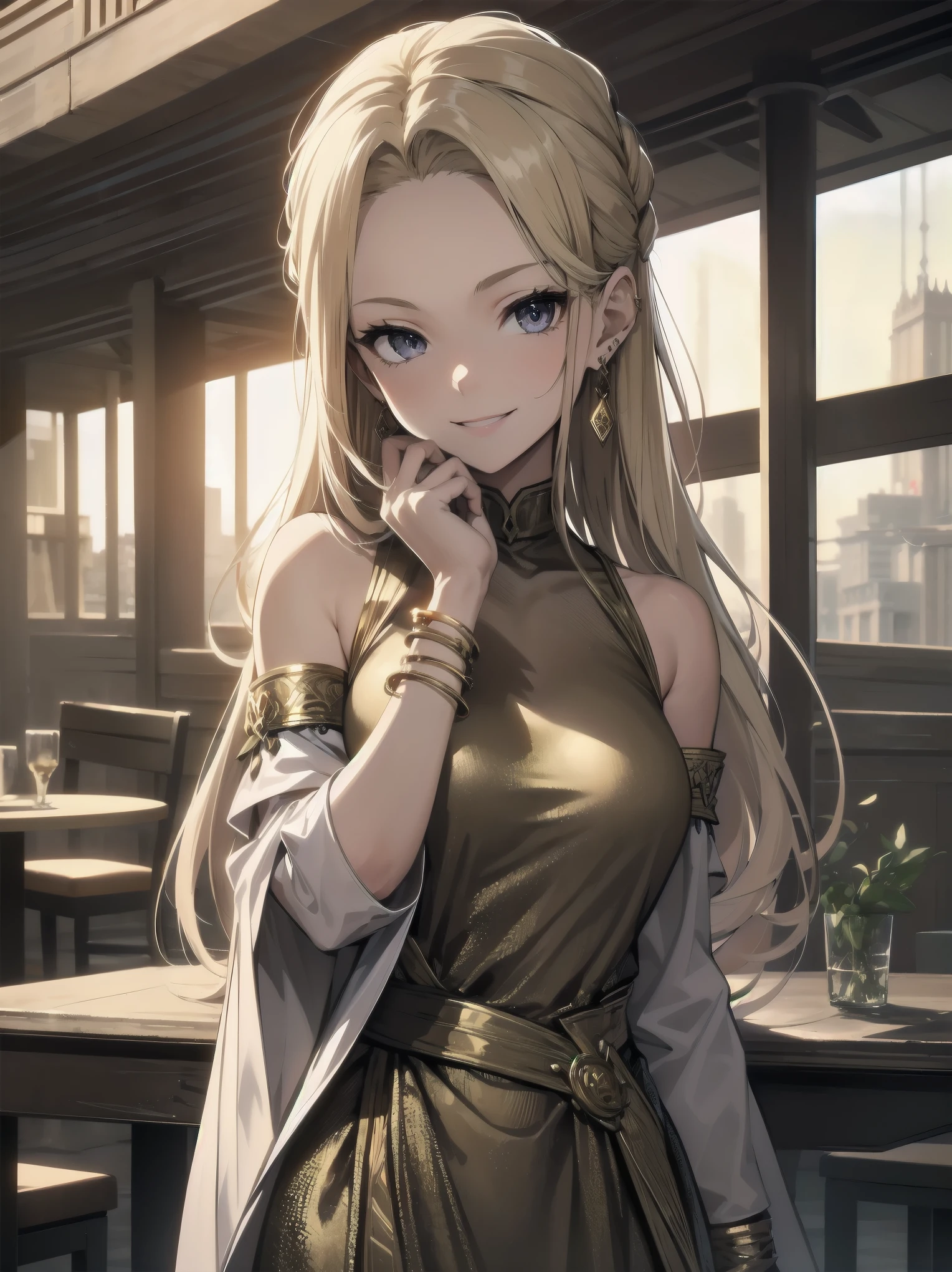 1girl, 11 years old, smile, looking at viewer, solo, gold dress, jewelry, bracelet, earring, detached sleeves, forehead, long hair, palace