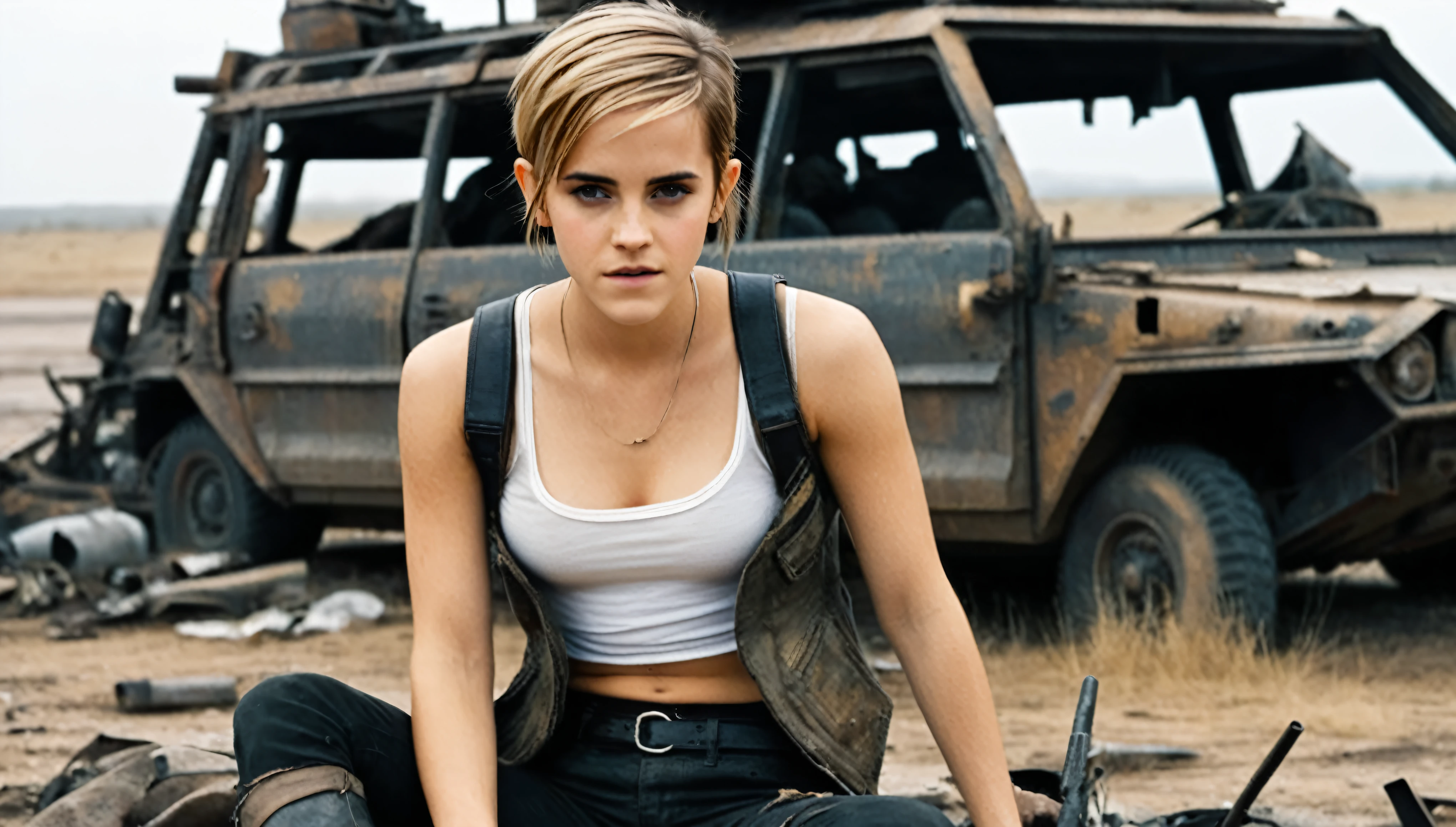 A female survivor sitting on a wrecked APC in an apocalyptic wasteland facing the viewer, right arm resting on her waist, left arm held forward to grab the viewer, short platin blonde undercut haircut, pale skin, scared look on her face, full lips, thin eyebrows, small breasts, strong legs, worn and torn raw fabric vest, short cutoff black leather skirt, very short socks, no makeup, natural fingernails, emma_watson