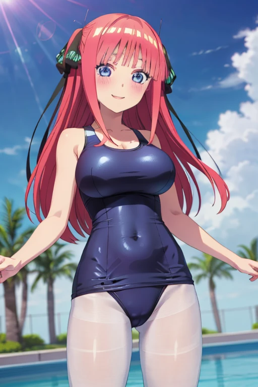 best quality, ultra-detailed masterpiece, anime art style, cute character, nino nakano, large breasts, blush, smile, one-piece swimsuit, pantyhose,