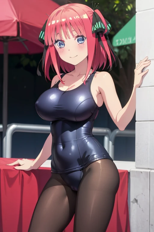 best quality, ultra-detailed masterpiece, anime art style, cute character, nino nakano, large breasts, blush, smile, one-piece swimsuit, pantyhose,