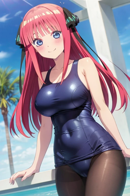 best quality, ultra-detailed masterpiece, anime art style, cute character, nino nakano, large breasts, blush, smile, one-piece swimsuit, pantyhose,