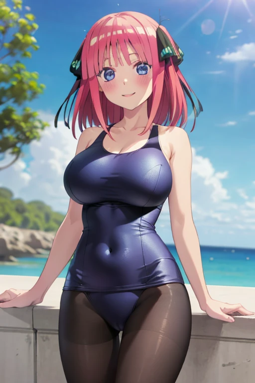 best quality, ultra-detailed masterpiece, anime art style, cute character, nino nakano, large breasts, blush, smile, one-piece swimsuit, pantyhose,