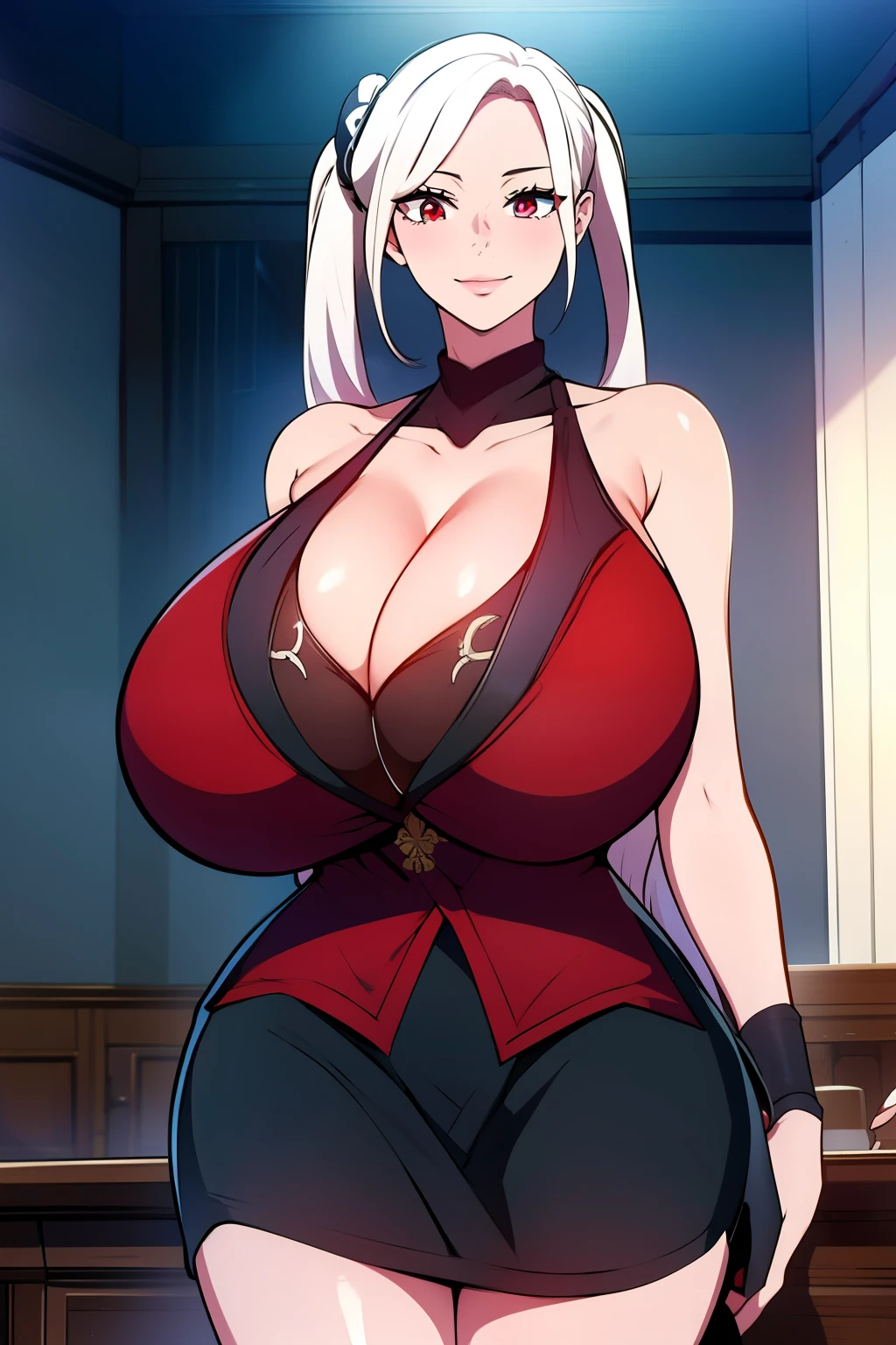 An anime-style artwork depicting ruan mei from the game Honkai star rail.
Tags: ruan mei, anime, detailed eyes, detailed lips, (black skirt suit:1.1), pencil skirt, elbow gloves, smiling expression, intense gaze, glowing emblem on hand, dynamic pose, indoor, palace, vibrant colors, digital art, high-resolution, professional quality, gigantic breasts, cleavage, curvy, cowboy shot, (gigantic breasts: 1.4), (red eyes: 1.1), (white hair: 1.4), twintails