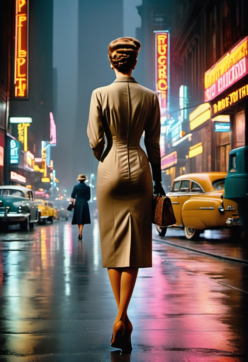 A woman walks down New York's 5th Avenue in the 1950s. (((She is wearing a tight calf-length sheath dress))), typical of the time, ((long tan nylon stockings with seams:1.4)), handbag. Camera perspective from behind, Ballantyne, (close up legs:1.5), (((350mm,))), Retro Fashion style, vintage_p_style,Tan, sunset
