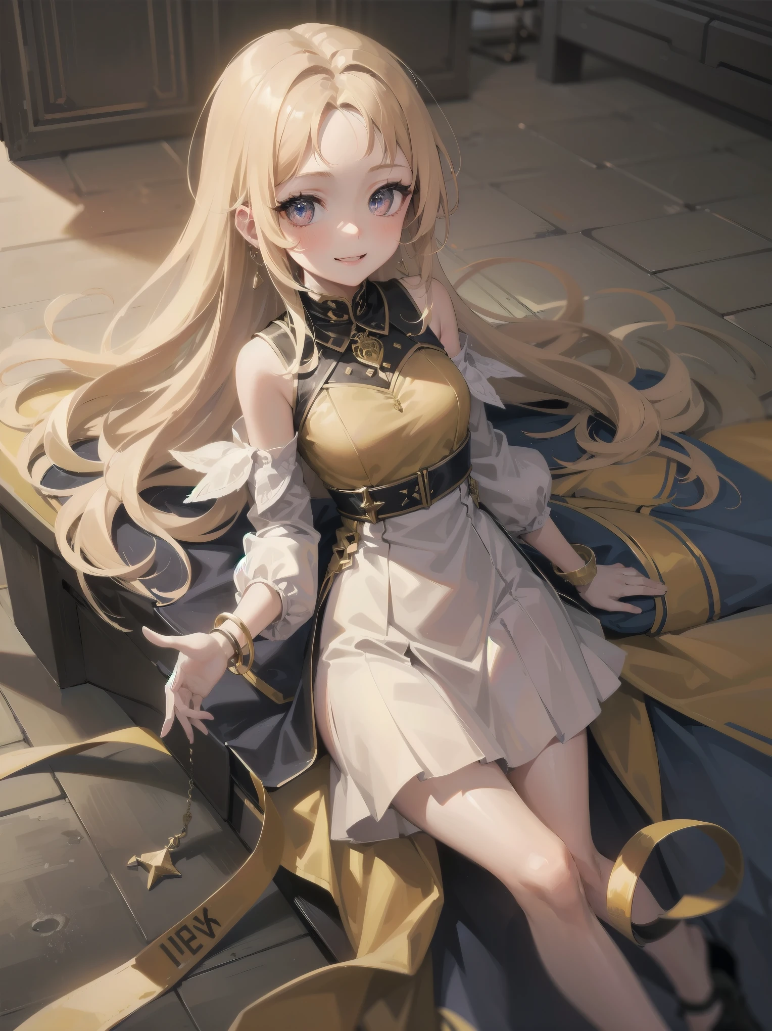 1girl, , smile, looking at viewer, solo, gold dress, jewelry, bracelet, earring, detached sleeves, forehead, long hair, palace