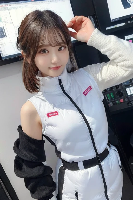 An innocent 20-year-old girl、((White tank top, Dramatic Pose)),smile,BREAK (Spacecraft control room background):2,、BREAK RAW Photos, (8k、highest quality、masterpiece:1.2)、(Intricate details:1.4)、(Photorealistic:1.4)、Octane Rendering、Complex 3D rendering with ultra-detail, Studio Soft Light, Rim Light, Vivid details, Super Detail, Realistic skin texture, Detailed aspect, Beautiful details in the eyes, Highly detailed CG Unity 16k wallpaper, compensate, (Detailed Background:1.2), Glowing Skin, whole body、(astrovest):2,(black long sleeves):5,((Standing with hands behind back、Leaning forward、Angle from above))