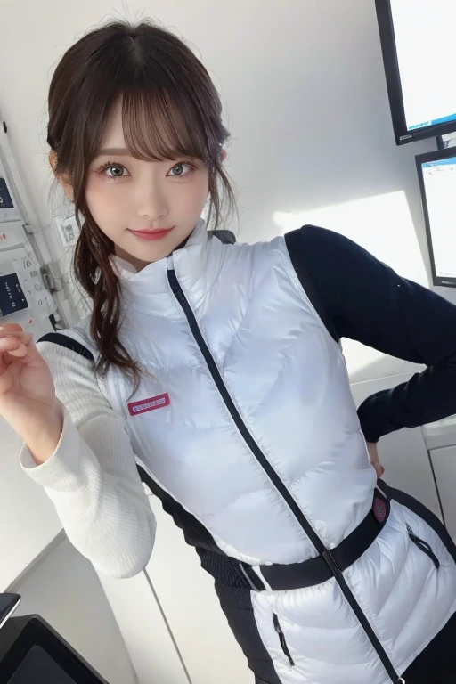 An innocent 20-year-old girl、((White tank top, Dramatic Pose)),smile,BREAK (Spacecraft control room background):2,、BREAK RAW Photos, (8k、highest quality、masterpiece:1.2)、(Intricate details:1.4)、(Photorealistic:1.4)、Octane Rendering、Complex 3D rendering with ultra-detail, Studio Soft Light, Rim Light, Vivid details, Super Detail, Realistic skin texture, Detailed aspect, Beautiful details in the eyes, Highly detailed CG Unity 16k wallpaper, compensate, (Detailed Background:1.2), Glowing Skin, whole body、(astrovest):2,(black long sleeves):5,((Standing with hands behind back、Leaning forward、Angle from above))