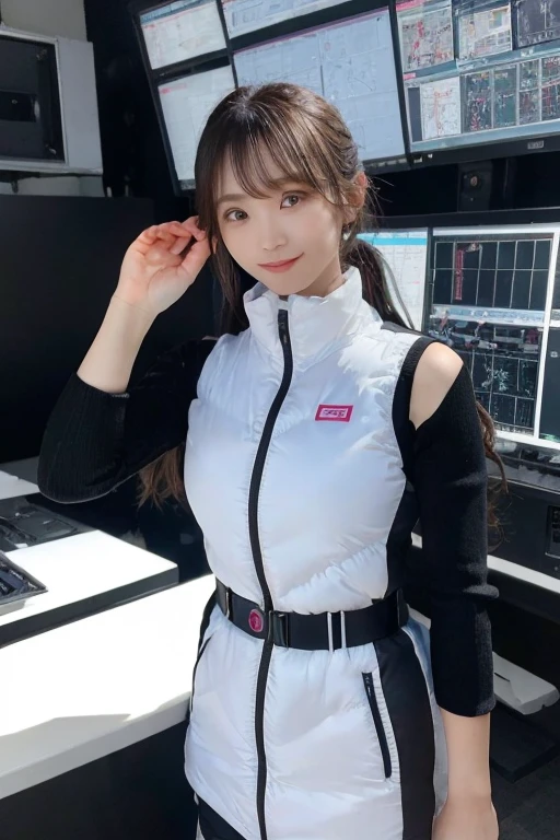 An innocent 20-year-old girl、((White tank top, Dramatic Pose)),smile,BREAK (Spacecraft control room background):2,、BREAK RAW Photos, (8k、highest quality、masterpiece:1.2)、(Intricate details:1.4)、(Photorealistic:1.4)、Octane Rendering、Complex 3D rendering with ultra-detail, Studio Soft Light, Rim Light, Vivid details, Super Detail, Realistic skin texture, Detailed aspect, Beautiful details in the eyes, Highly detailed CG Unity 16k wallpaper, compensate, (Detailed Background:1.2), Glowing Skin, whole body、(astrovest):2,(black long sleeves):5,((Standing with hands behind back、Leaning forward、Angle from above))