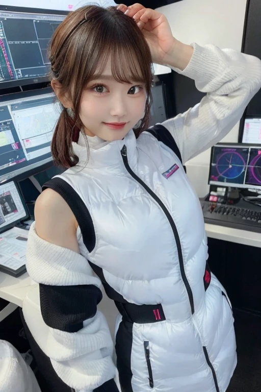 An innocent 20-year-old girl、((White tank top, Dramatic Pose)),smile,BREAK (Spacecraft control room background):2,、BREAK RAW Photos, (8k、highest quality、masterpiece:1.2)、(Intricate details:1.4)、(Photorealistic:1.4)、Octane Rendering、Complex 3D rendering with ultra-detail, Studio Soft Light, Rim Light, Vivid details, Super Detail, Realistic skin texture, Detailed aspect, Beautiful details in the eyes, Highly detailed CG Unity 16k wallpaper, compensate, (Detailed Background:1.2), Glowing Skin, whole body、(astrovest):2,(black long sleeves):5,((Standing with hands behind back、Leaning forward、Angle from above))