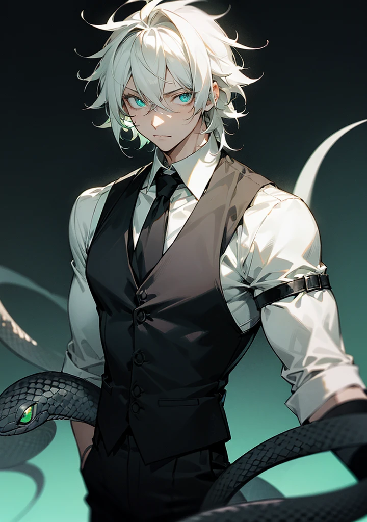 ((Alone, male, muscle)) short white messy hair, black vest, black slacks, whitw undershirt, perfect eyes, perfect face, black and white clothes, calm demeanor, facing camera, slighty desaturated cyan eye color, lime green eye color, snake like eyes