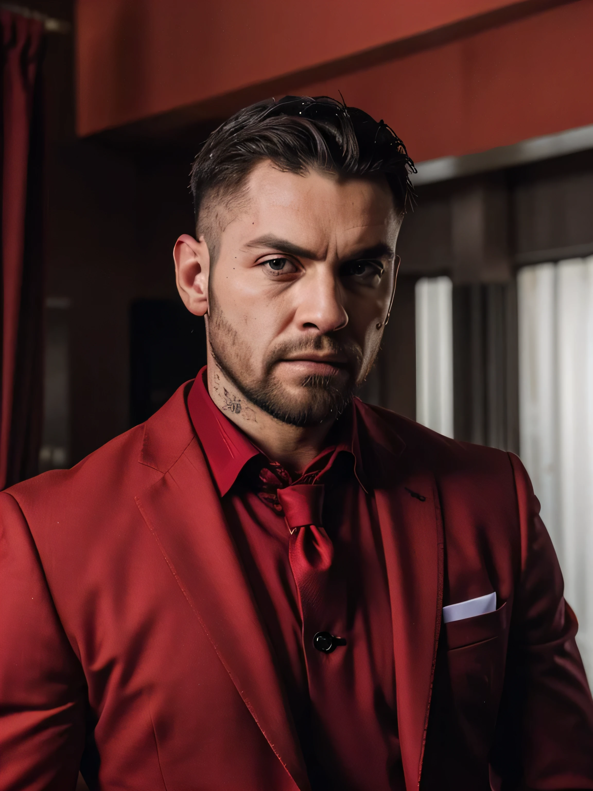 (foto crua:1.2), a badboy wearing a red suit with a hellish business appearance being in a hell themed, barba, um olhar pretencioso, tiro sincero, melhor qualidade, 8k, Ultra HD, Fotorrealista