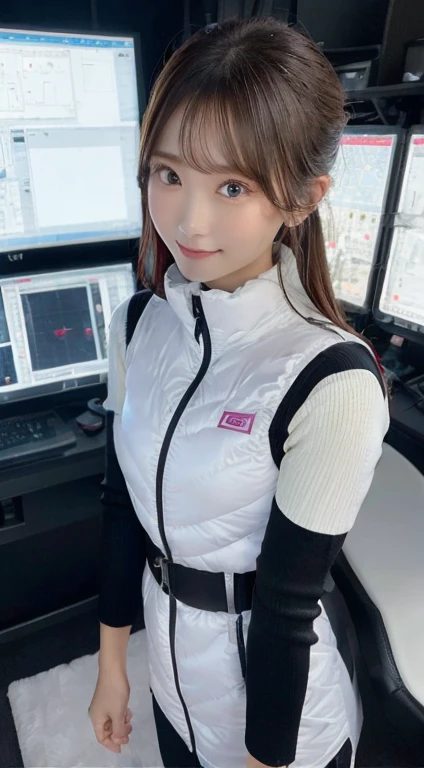 An innocent 20-year-old girl、((White tank top, Dramatic Pose)),smile,BREAK (Spacecraft control room background):2,、BREAK RAW Photos, (8k、highest quality、masterpiece:1.2)、(Intricate details:1.4)、(Photorealistic:1.4)、Octane Rendering、Complex 3D rendering with ultra-detail, Studio Soft Light, Rim Light, Vivid details, Super Detail, Realistic skin texture, Detailed aspect, Beautiful details in the eyes, Highly detailed CG Unity 16k wallpaper, compensate, (Detailed Background:1.2), Glowing Skin, whole body、(astrovest):2,(black long sleeves):5,((Standing with hands behind back、Leaning forward、Angle from above))